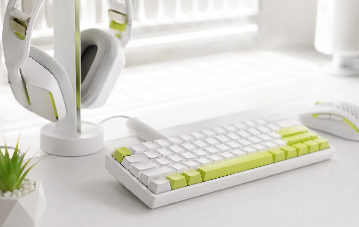Teclado mecánico y audífonos con detalles vólt sobre el escritorio