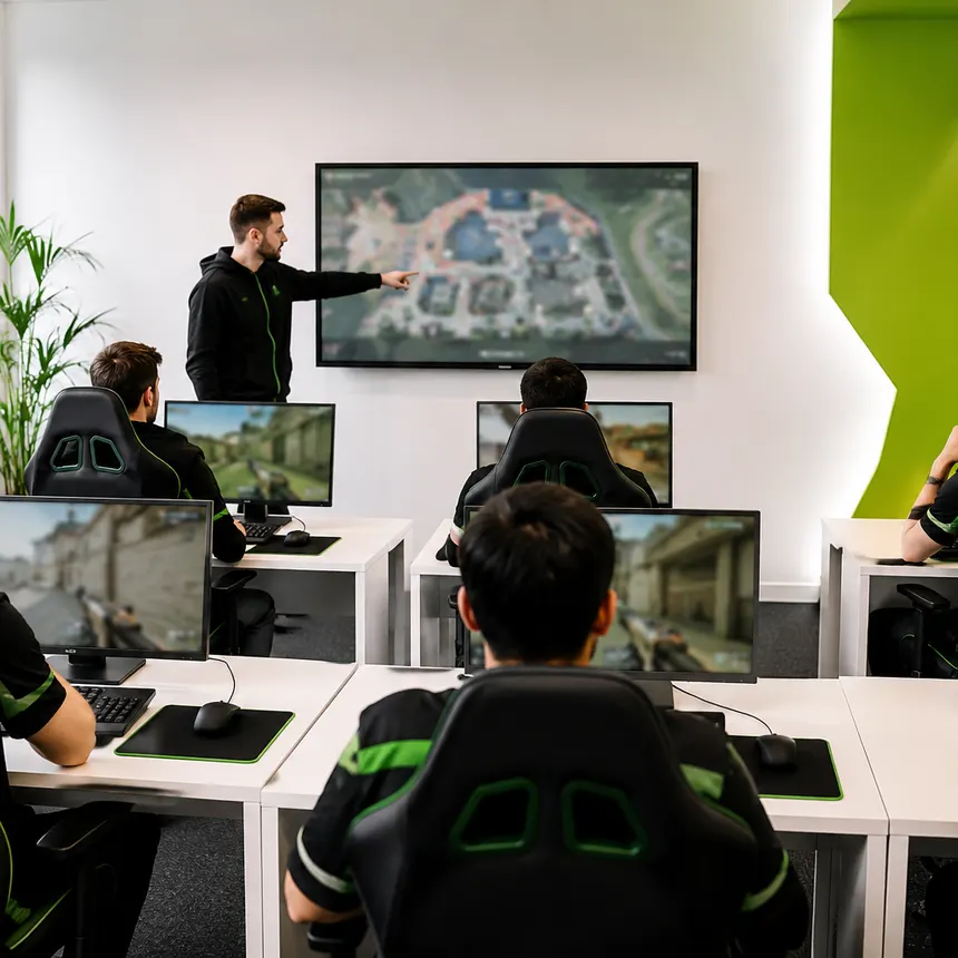 Sesión de bootcamp con jugadores analizando el mapa en pantalla
